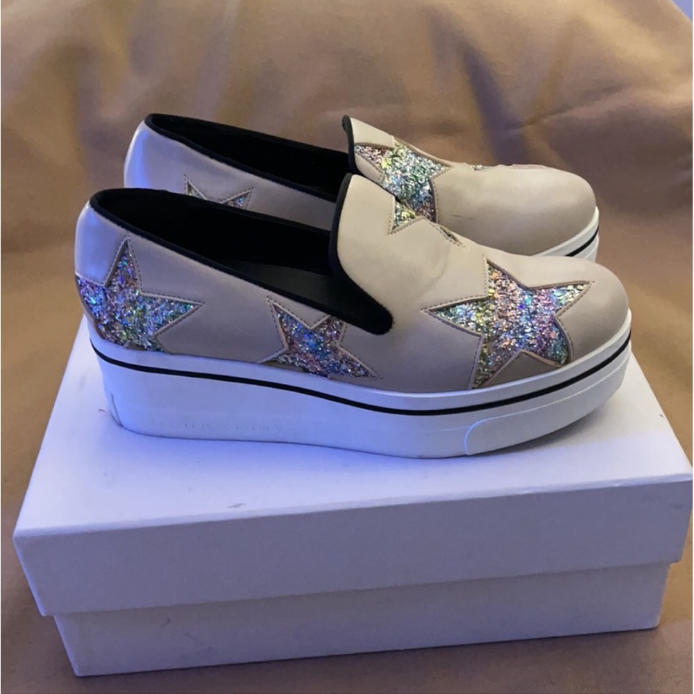 Stella McCartney Binx Slip On Platforms 38 Euro/8 US Khaki w/ 🌈 Sparkle Stars - Picture 4 of 11